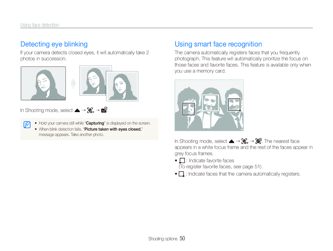 Samsung TL240 user manual Detecting eye blinking, Using smart face recognition 