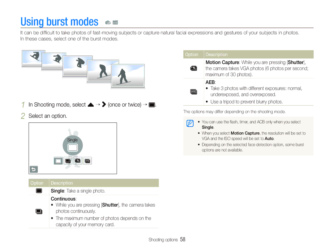 Samsung TL240 user manual Using burst modes p s, Shooting mode, select f “ once or twice “ Select an option 