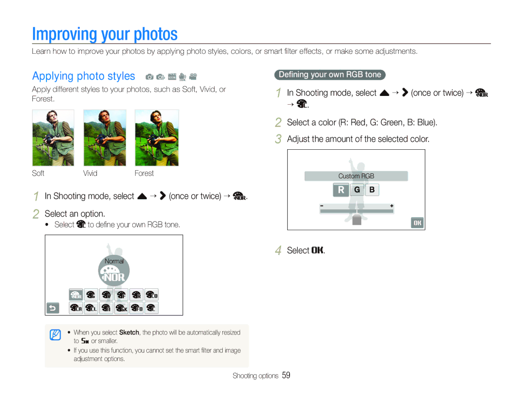 Samsung TL240 user manual Improving your photos, Applying photo styles a p s d, Deﬁning your own RGB tone 