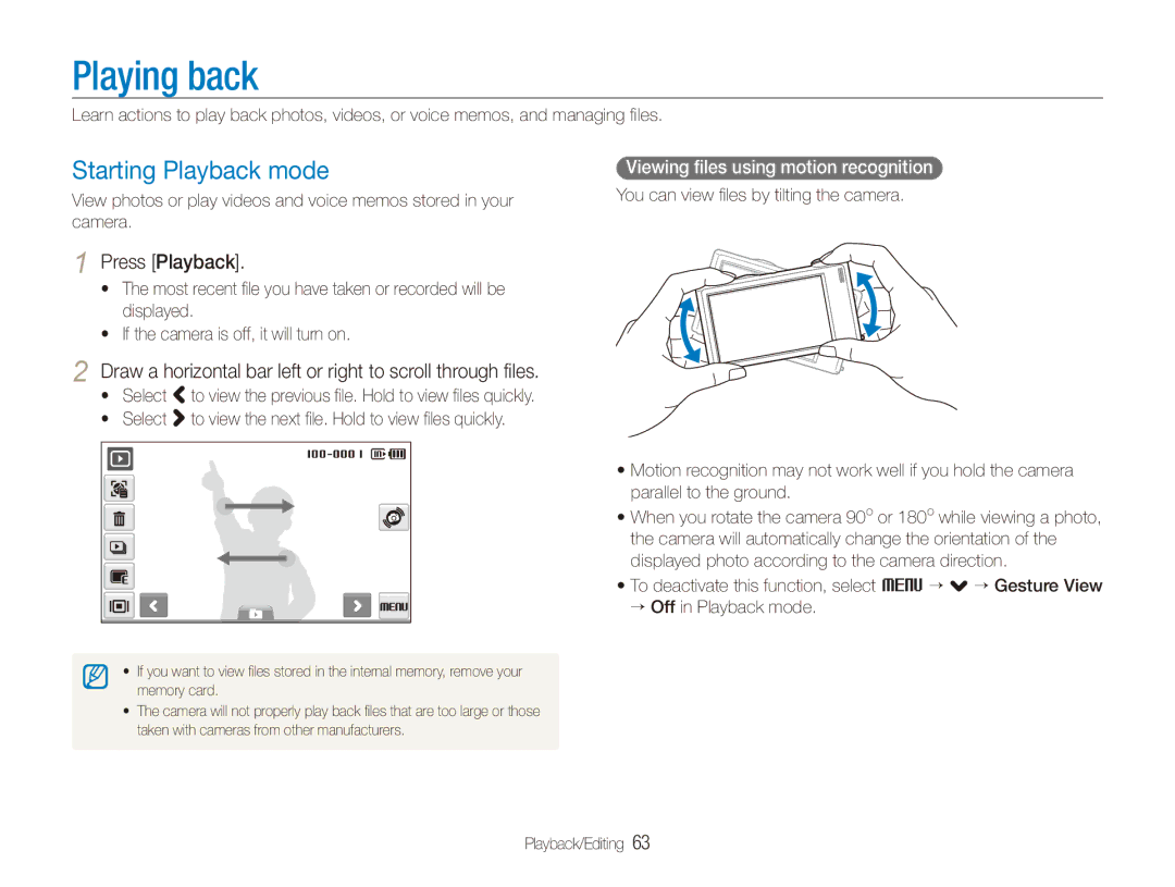 Samsung TL240 user manual Playing back, Starting Playback mode, Press Playback, Viewing files using motion recognition 