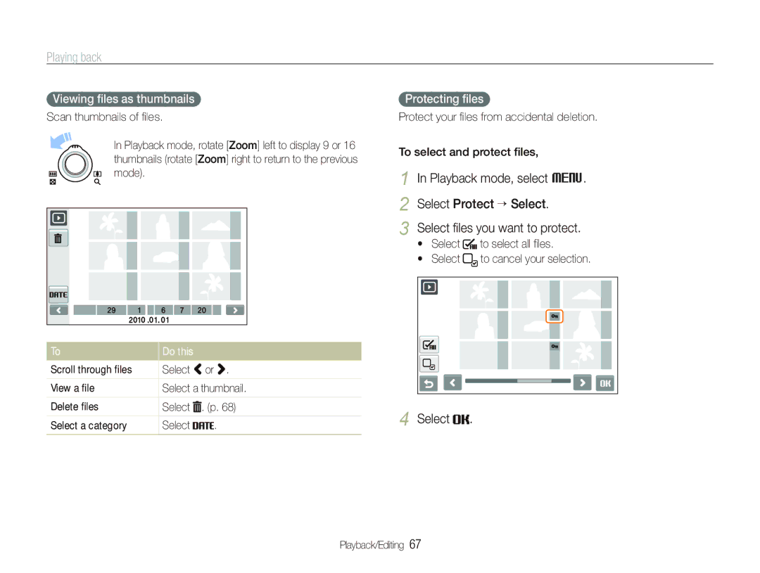 Samsung TL240 user manual Viewing ﬁles as thumbnails, Protecting ﬁles, Do this 