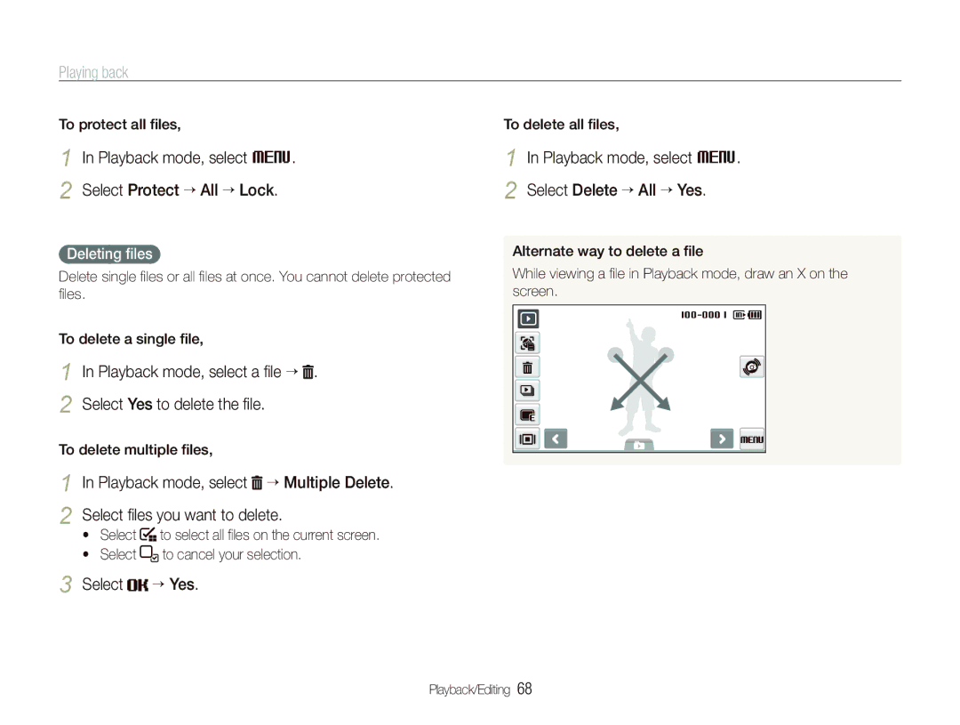 Samsung TL240 user manual Playback mode, select M Select Protect ““All ““Lock, Select “ Yes, Deleting ﬁles 