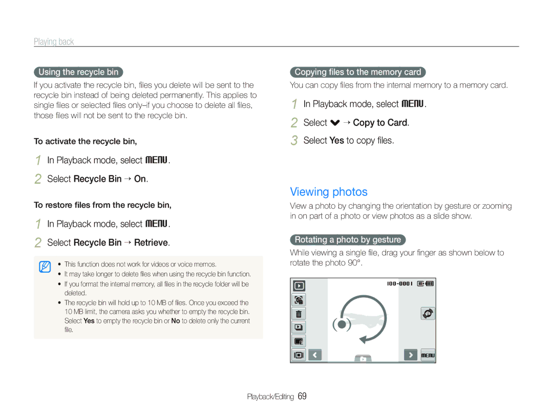 Samsung TL240 user manual Viewing photos, Playback mode, select M Select Recycle Bin “ On 