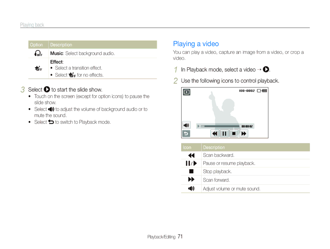 Samsung TL240 user manual Playing a video, Select to start the slide show, Playback mode, select a video “ 