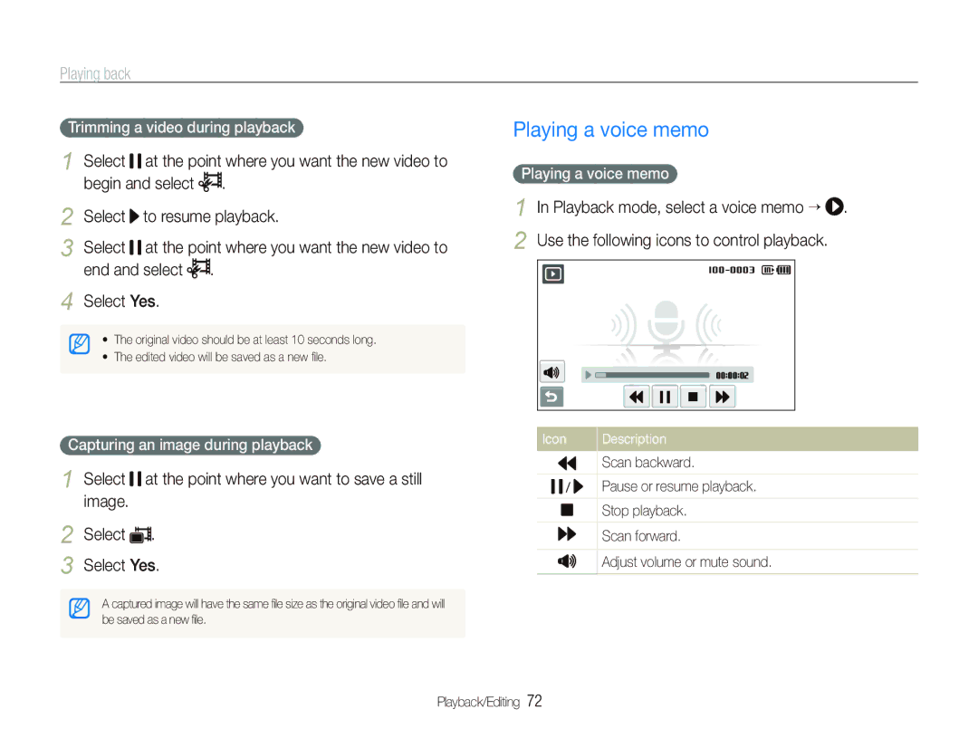 Samsung TL240 user manual Playing a voice memo, End and select Select Yes, Trimming a video during playback 