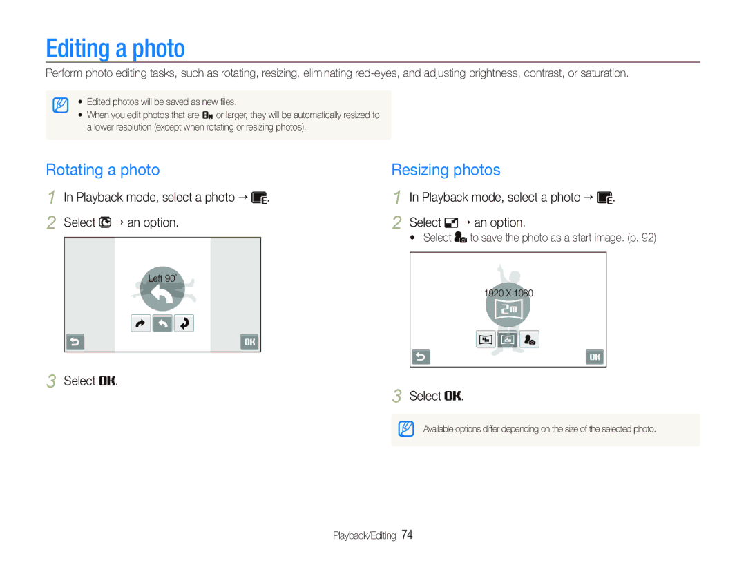 Samsung TL240 Editing a photo, Rotating a photo Resizing photos, Playback mode, select a photo “ Select ““an option 