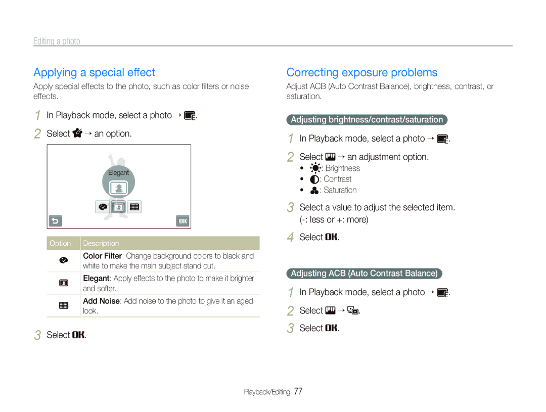 Samsung TL240 user manual Applying a special effect, Correcting exposure problems, Playback mode, select a photo “ Select “ 