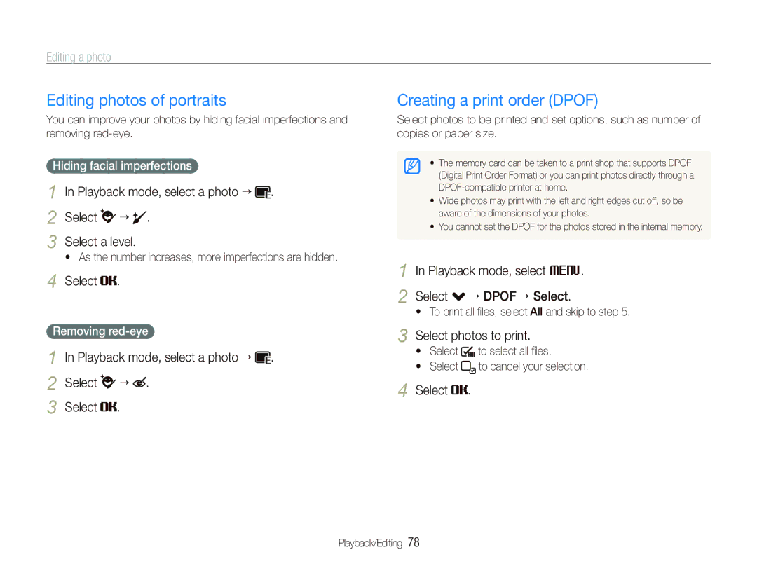 Samsung TL240 Editing photos of portraits, Creating a print order Dpof, Playback mode, select M Select . “ Dpof ““Select 