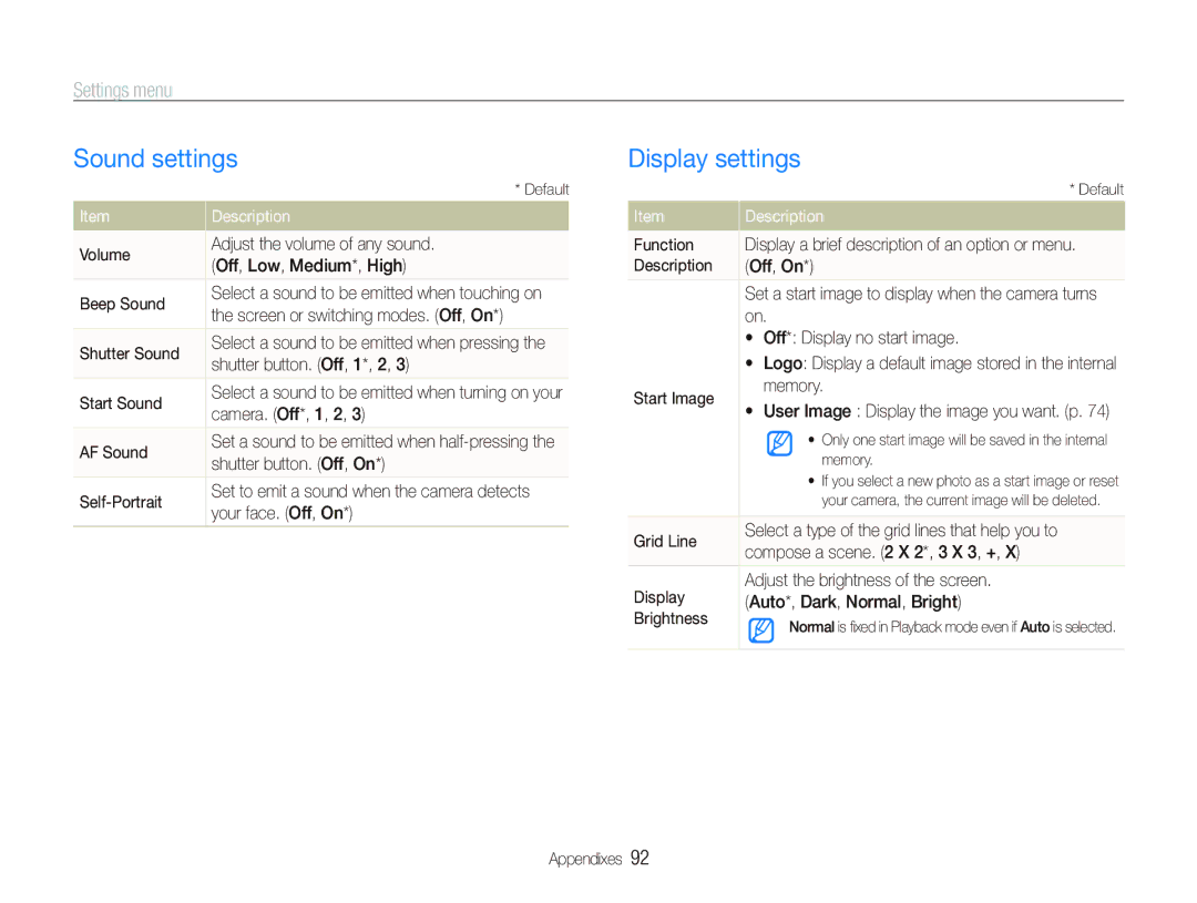 Samsung TL240 user manual Sound settings, Display settings, Settings menu 