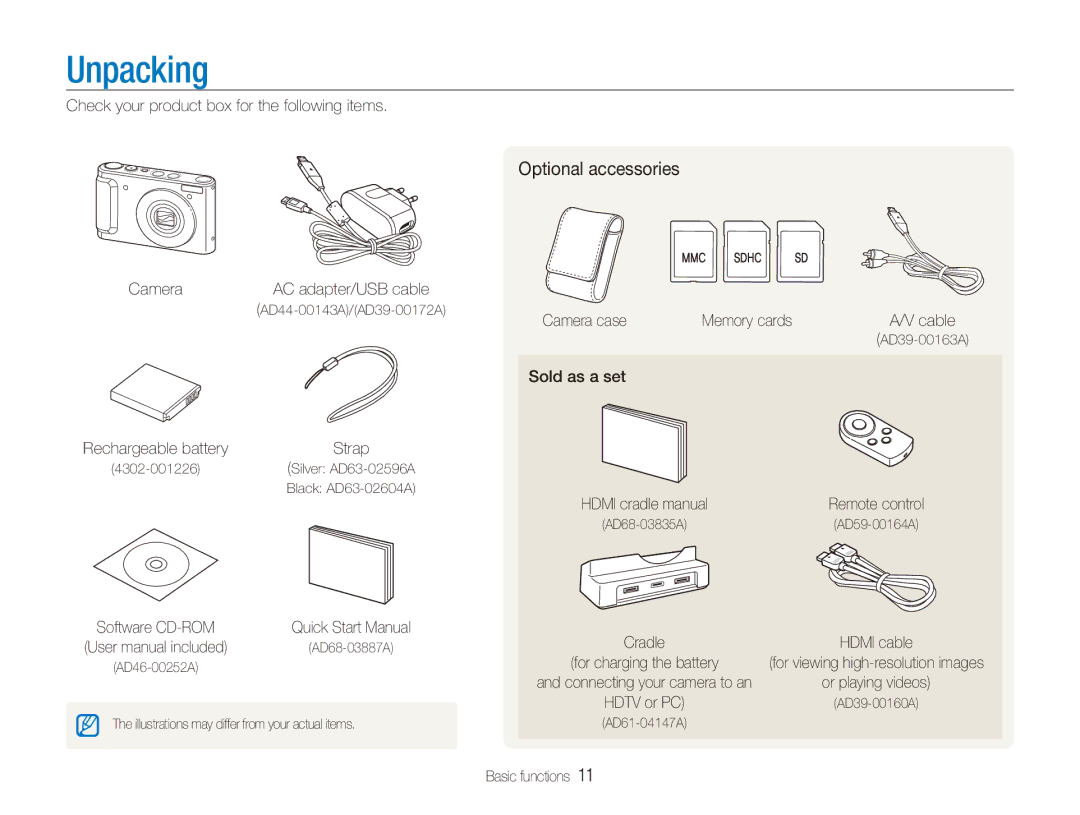 Samsung TL320 Optional accessories, Check your product box for the following items Camera, Camera case Memory cards 