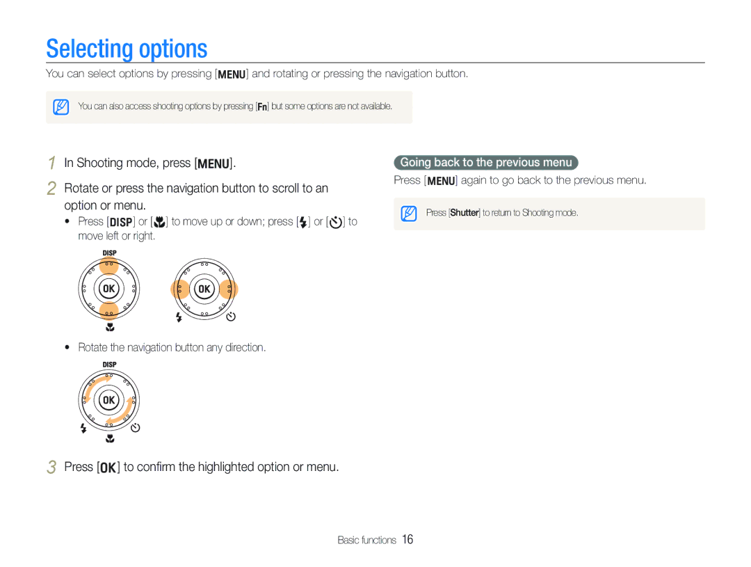 Samsung ECTL320BBPUS Shooting mode, press m, Rotate or press the navigation button to scroll to an, Option or menu 