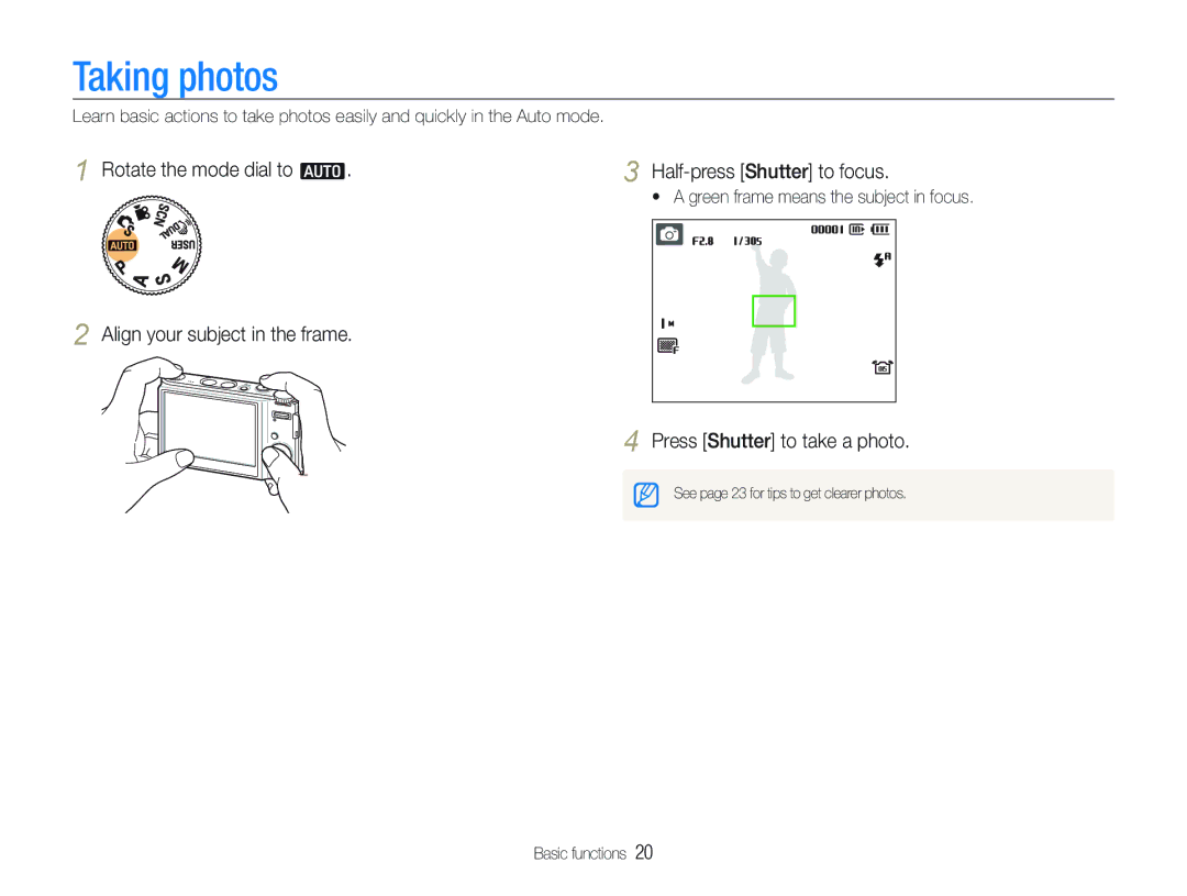 Samsung ECTL320BBPUS user manual Taking photos, Press Shutter to take a photo 