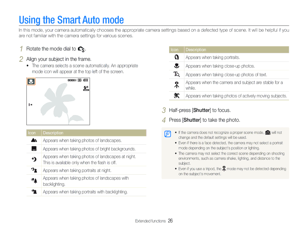 Samsung ECTL320BBPUS user manual Using the Smart Auto mode, Rotate the mode dial to S Align your subject in the frame 