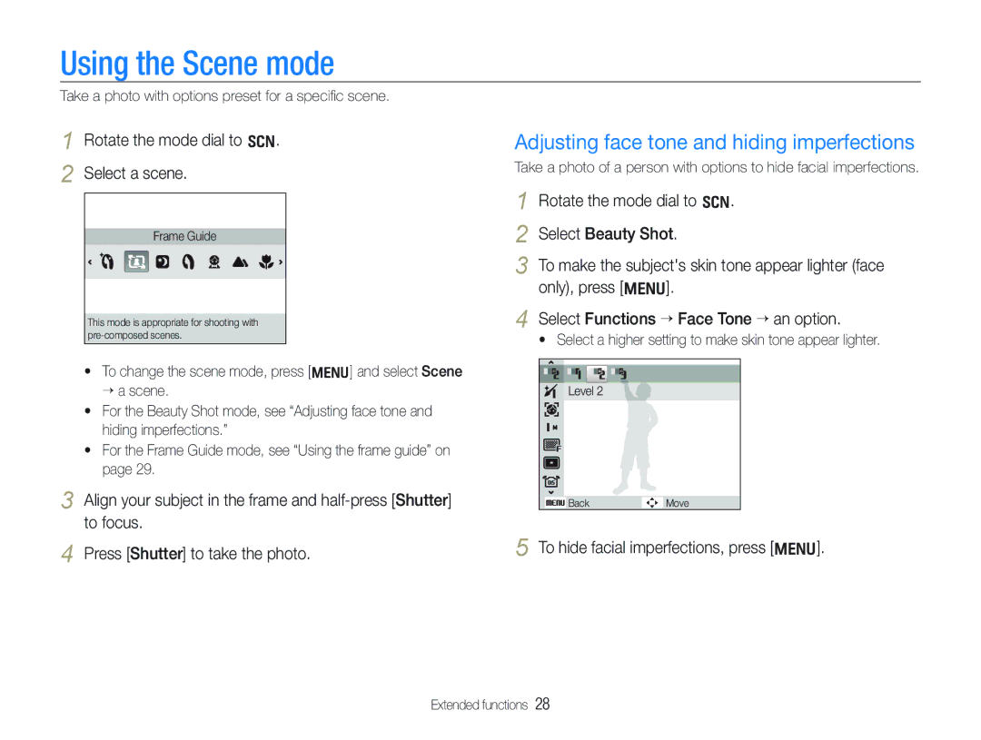 Samsung ECTL320BBPUS user manual Using the Scene mode, Adjusting face tone and hiding imperfections 