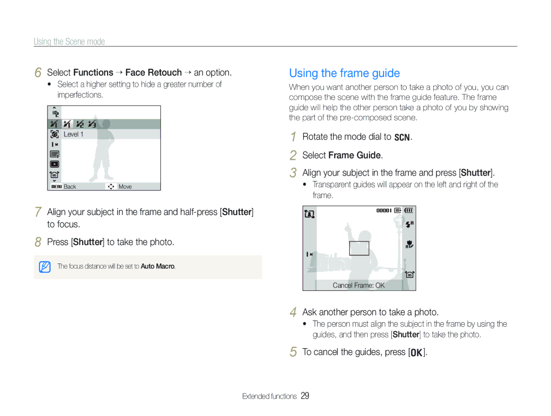 Samsung ECTL320BBPUS Using the frame guide, Using the Scene mode, Select Functions “ Face Retouch ““an option 