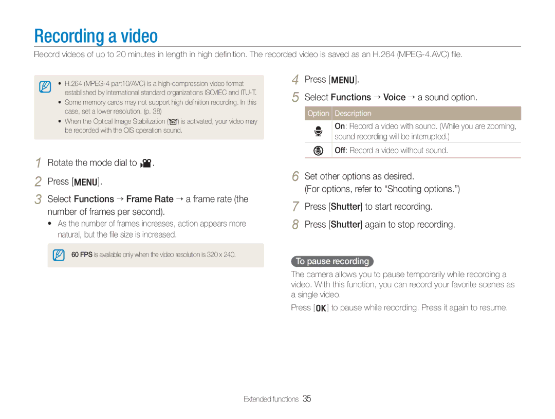 Samsung ECTL320BBPUS user manual Press m Select Functions → Voice → a sound option, To pause recording 