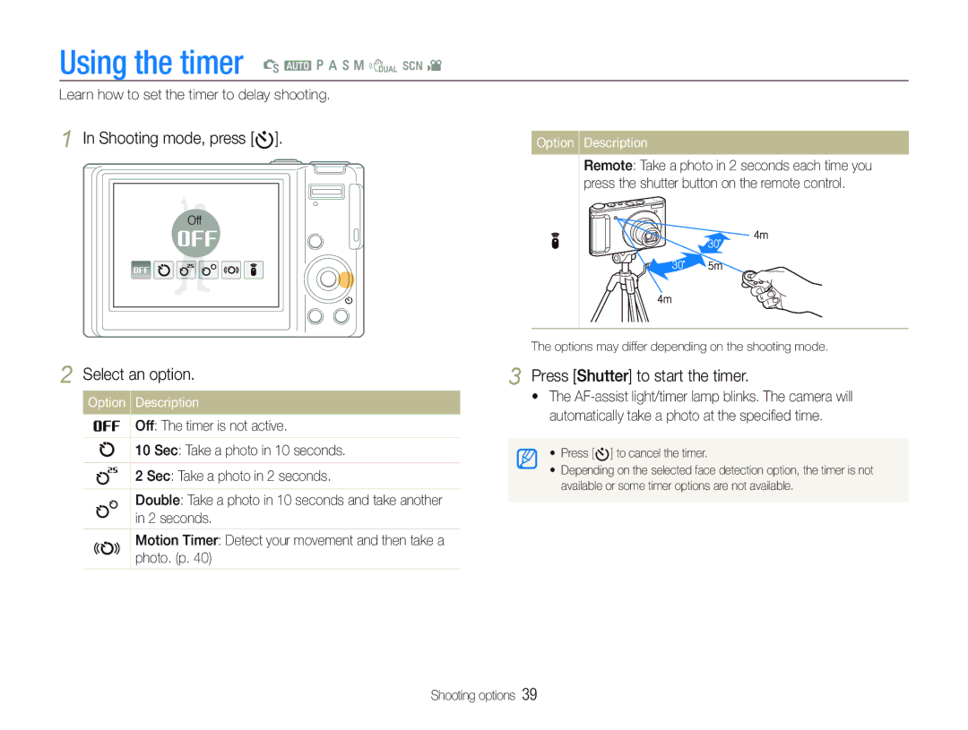 Samsung ECTL320BBPUS user manual Shooting mode, press t, Select an option, Press Shutter to start the timer 