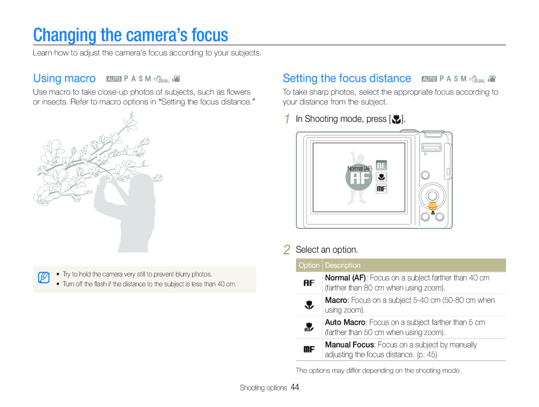 Samsung ECTL320BBPUS user manual Changing the camera’s focus, Setting the focus distance a p a h n d 