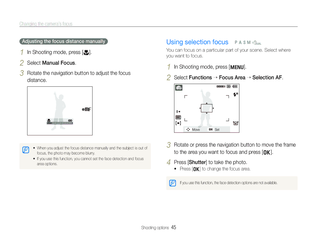 Samsung ECTL320BBPUS user manual Using selection focus p a h n d, Adjusting the focus distance manually 