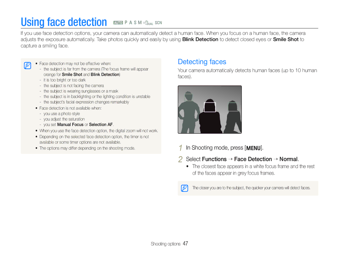 Samsung ECTL320BBPUS user manual Using face detection a p a h n d s, Detecting faces 