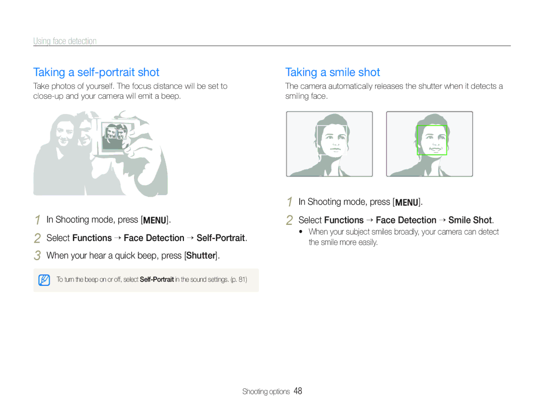 Samsung ECTL320BBPUS user manual Taking a self-portrait shot, Taking a smile shot 