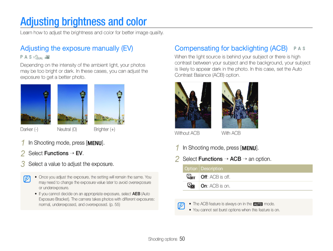 Samsung ECTL320BBPUS user manual Adjusting brightness and color, Adjusting the exposure manually EV 