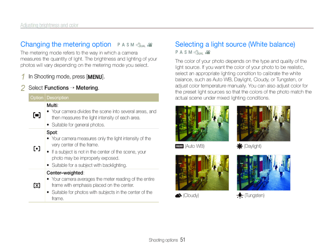 Samsung TL320 Changing the metering option p a h n d, Selecting a light source White balance, Select Functions ““Metering 