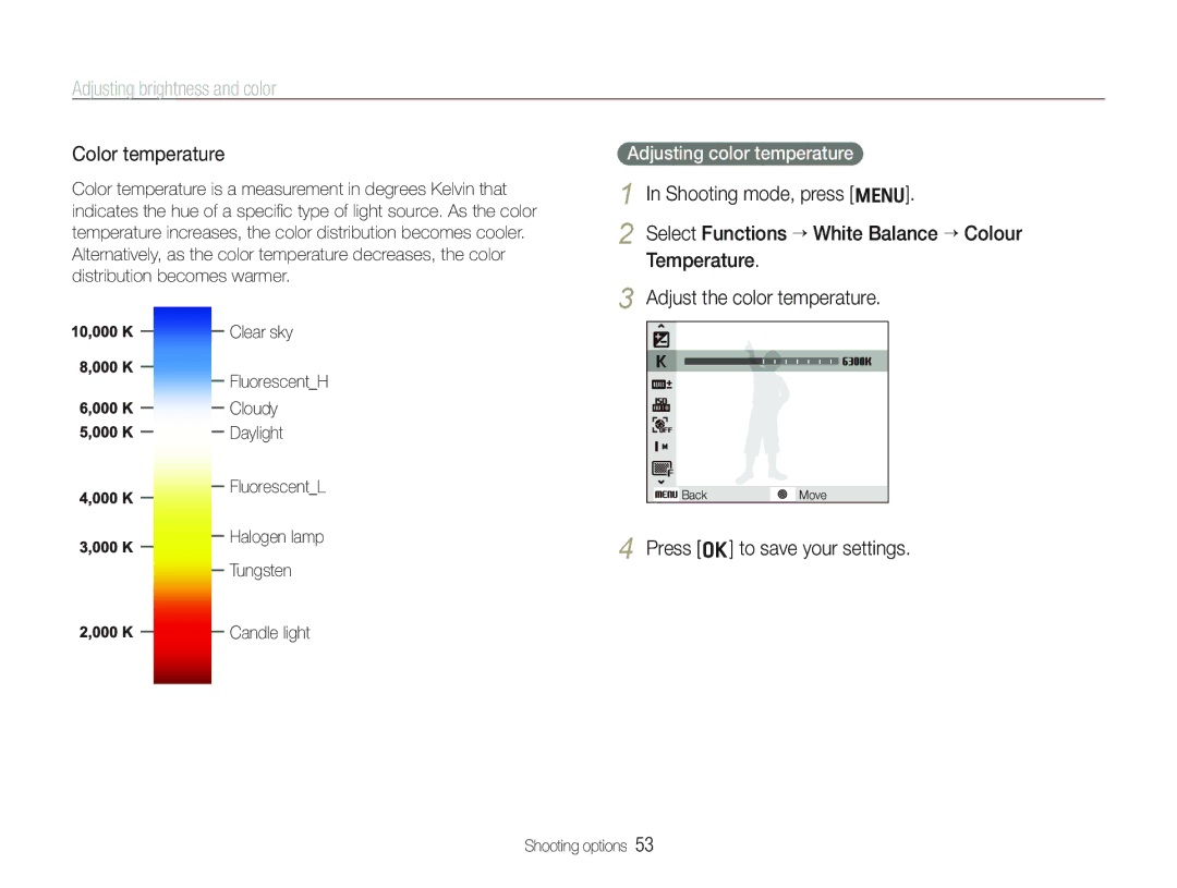 Samsung TL320 Color temperature, Press o to save your settings, Adjusting color temperature, Candle light Shooting options 