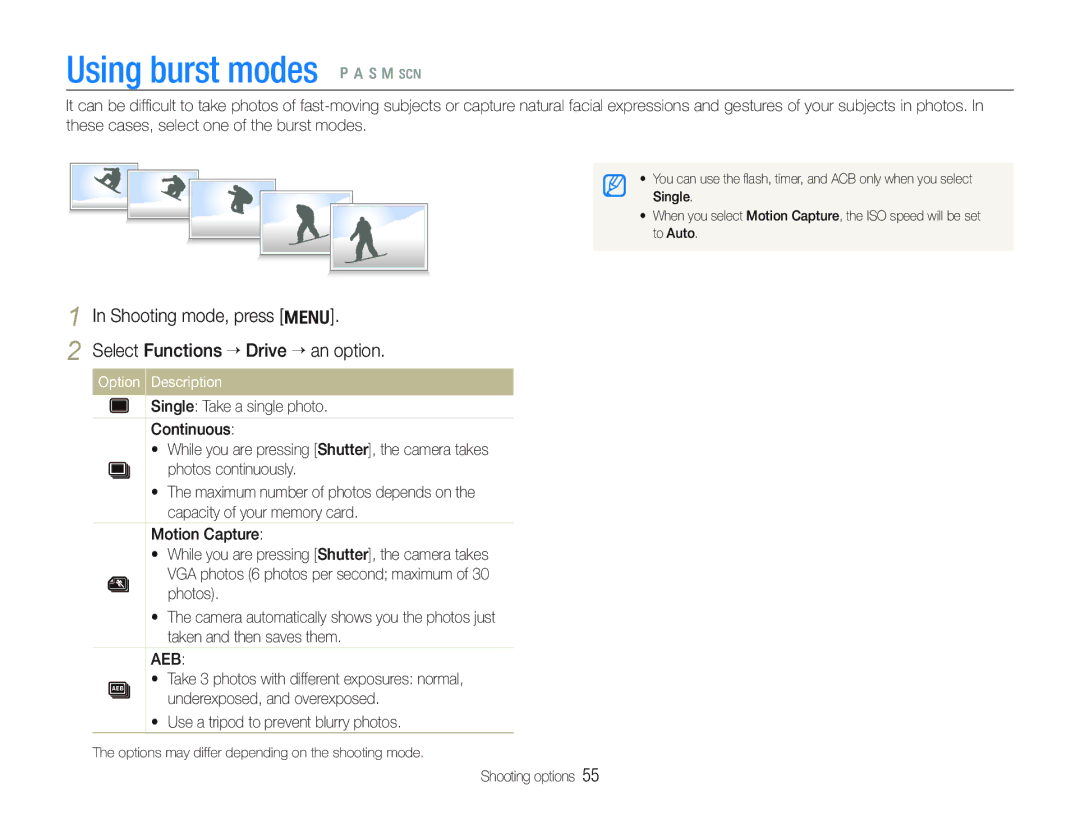 Samsung ECTL320BBPUS Using burst modes p a h n s, Shooting mode, press m Select Functions ““Drive “ an option 