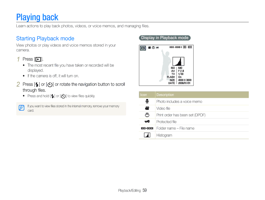 Samsung ECTL320BBPUS user manual Playing back, Starting Playback mode, Press P, Display in Playback mode 