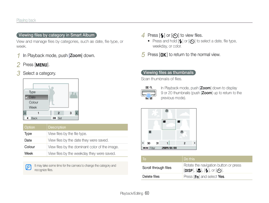 Samsung ECTL320BBPUS Playing back, Playback mode, push Zoom down Press m Select a category, Press F or t to view ﬁles 