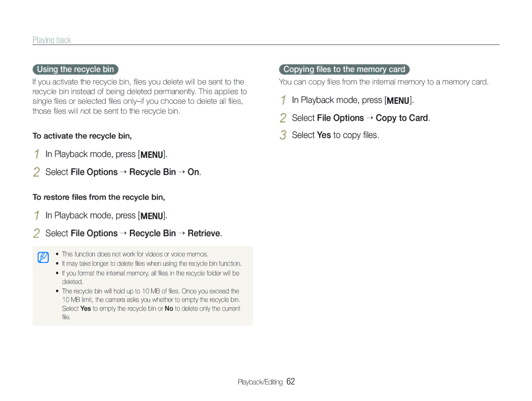 Samsung ECTL320BBPUS user manual Using the recycle bin, Copying ﬁles to the memory card, To activate the recycle bin 