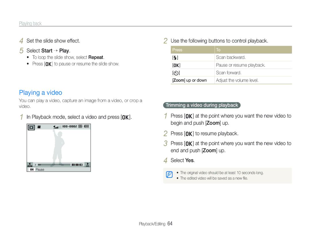 Samsung ECTL320BBPUS user manual Playing a video, Set the slide show effect Select Start ““Play 