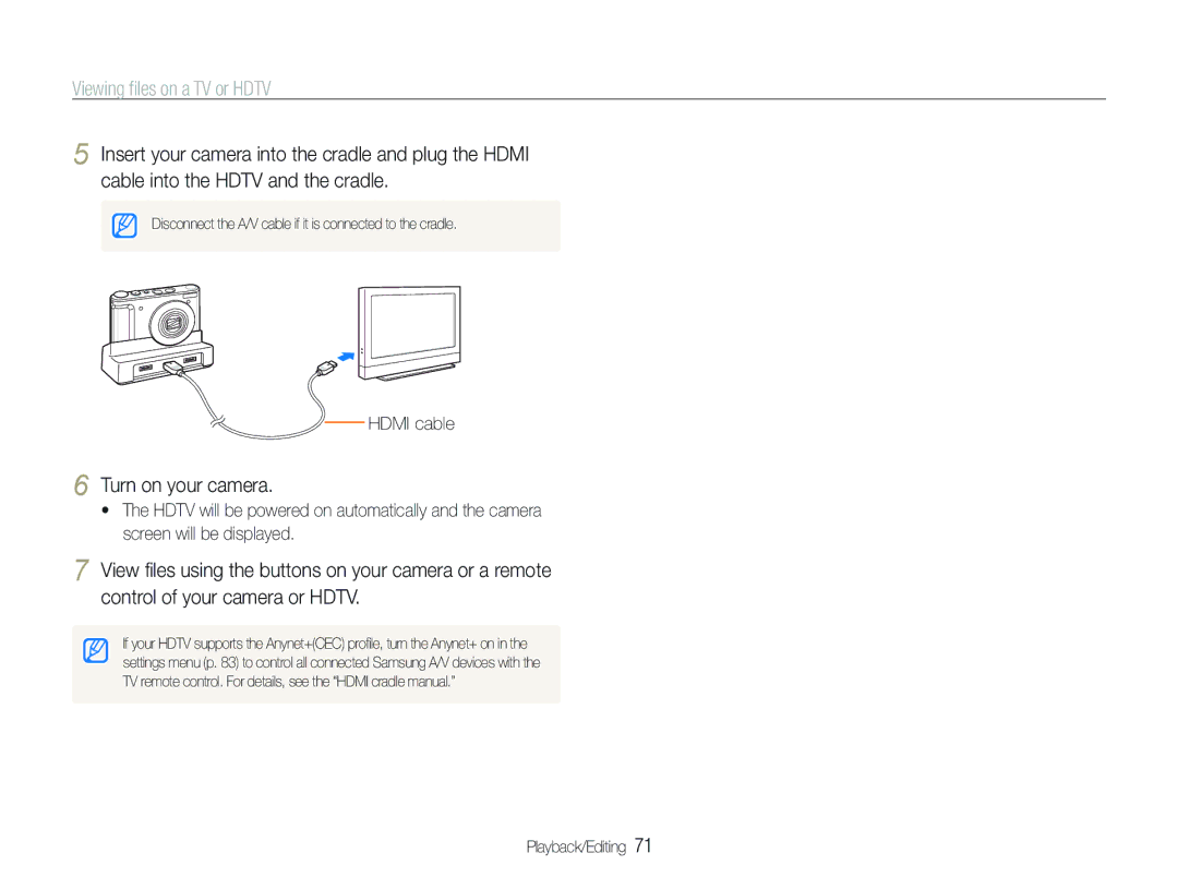 Samsung ECTL320BBPUS user manual Viewing ﬁles on a TV or Hdtv, Turn on your camera, Hdmi cable 