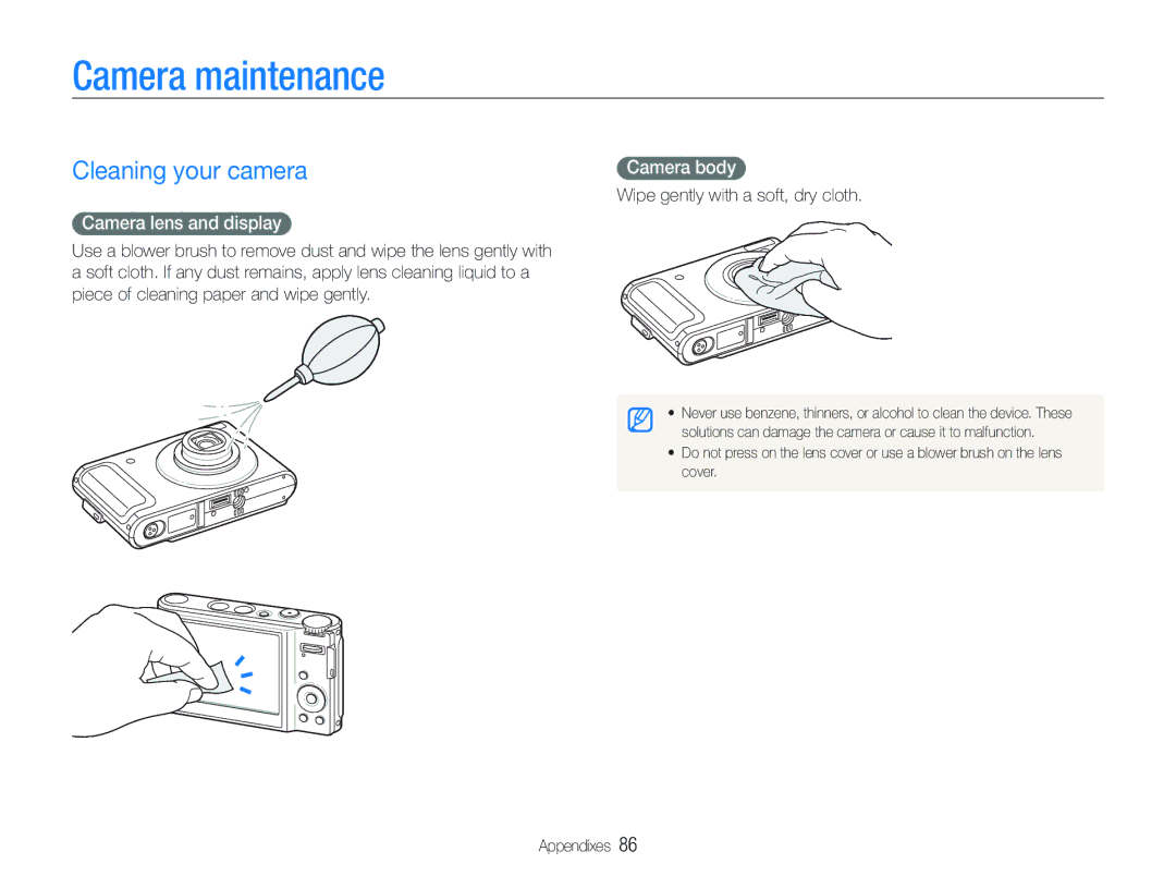 Samsung ECTL320BBPUS user manual Camera maintenance, Cleaning your camera, Camera lens and display, Camera body 