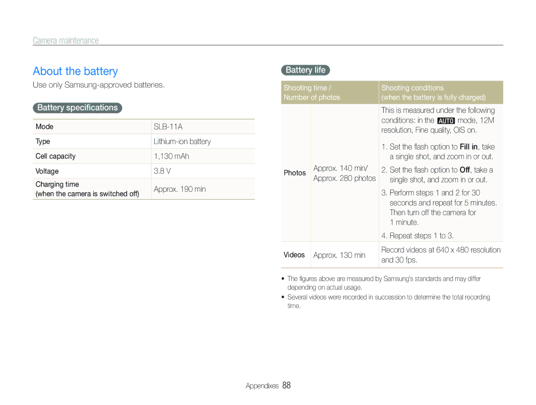 Samsung ECTL320BBPUS user manual About the battery, Battery speciﬁcations, Battery life 