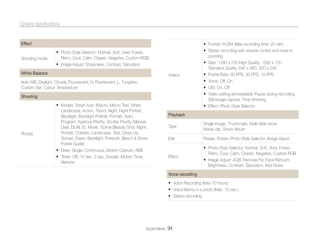 Samsung ECTL320BBPUS Effect, Shooting mode, Photos, Frame Guide, Remote, Zooming, Size 1280 x 720 High Quality, 1280 x 