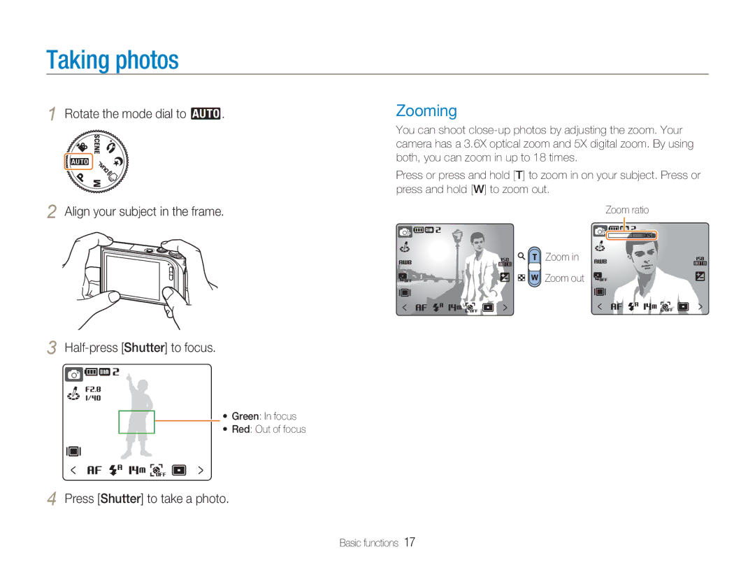 Samsung TL34HD user manual Taking photos, Zooming, Press Shutter to take a photo, Green In focus Red Out of focus 