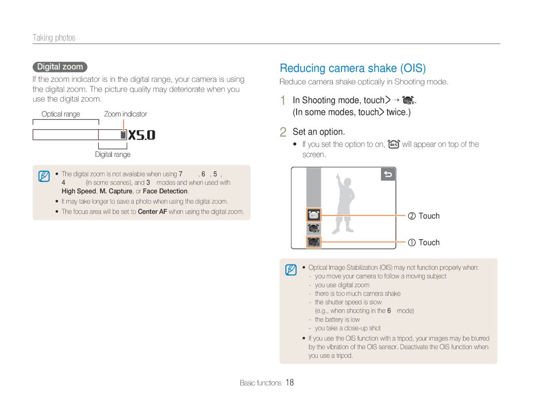 Samsung TL34HD user manual Reducing camera shake OIS, Taking photos, Some modes, touch, Set an option, Digital zoom 