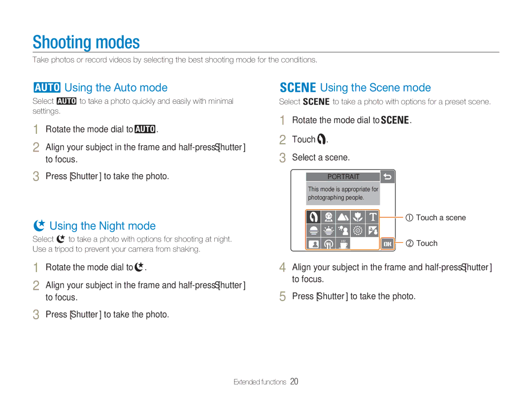 Samsung TL34HD user manual Shooting modes, Using the Auto mode, Using the Night mode, Using the Scene mode 