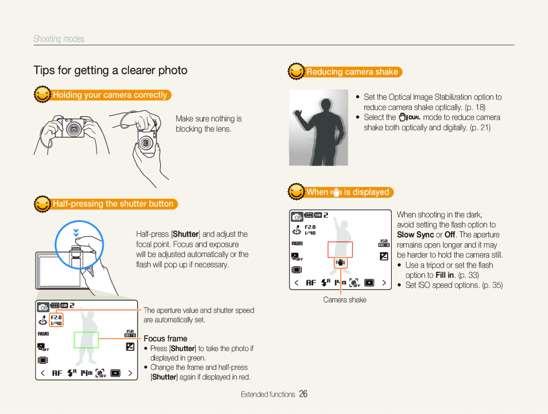 Samsung TL34HD Holding your camera correctly, Half-pressing the shutter button, Reducing camera shake, When is displayed 