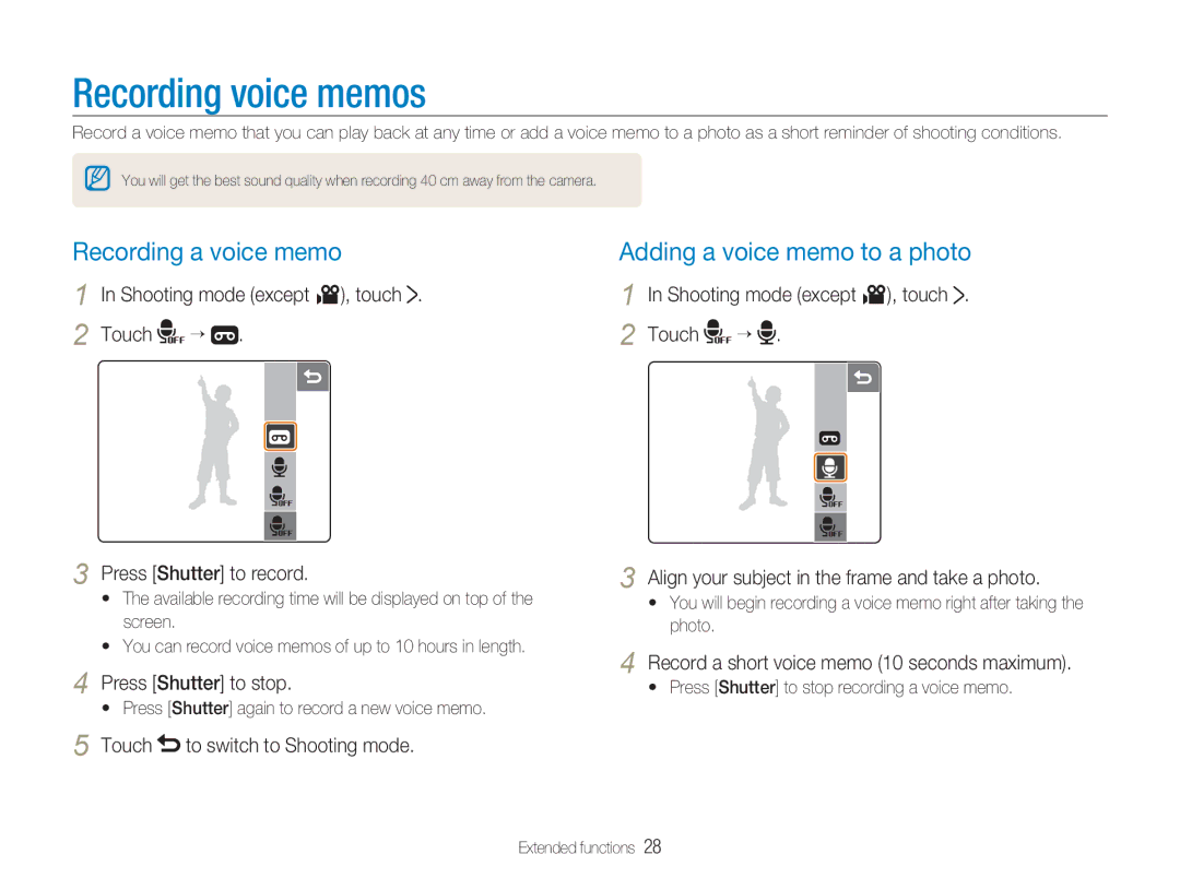 Samsung TL34HD user manual Recording voice memos, Recording a voice memo, Press Shutter to stop 