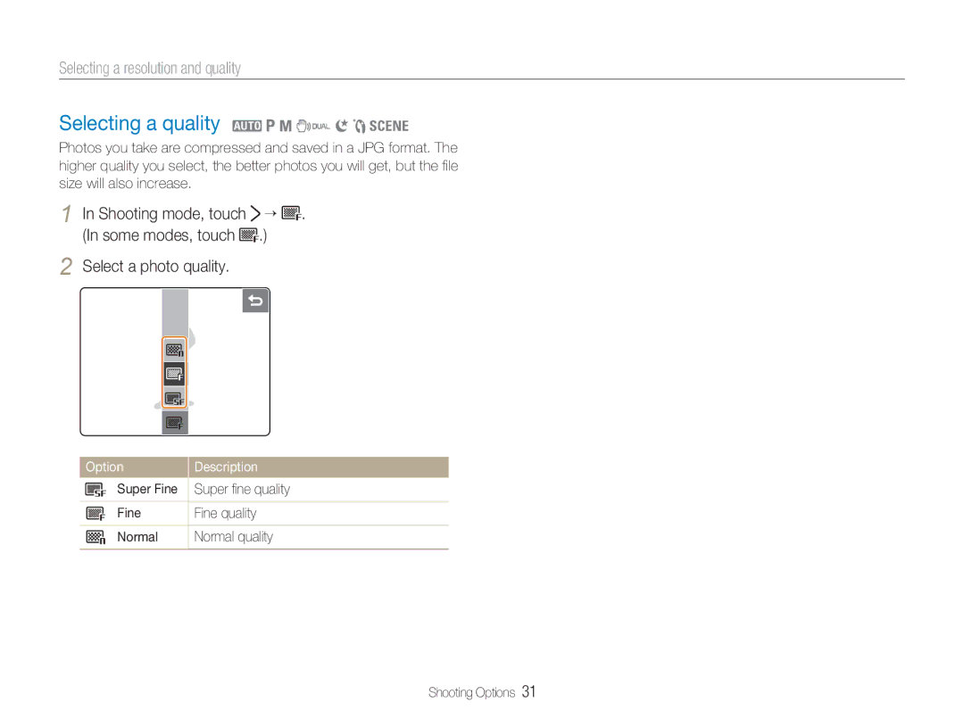 Samsung TL34HD user manual Selecting a quality 2 1 8 7 6 5, Selecting a resolution and quality, Select a photo quality 