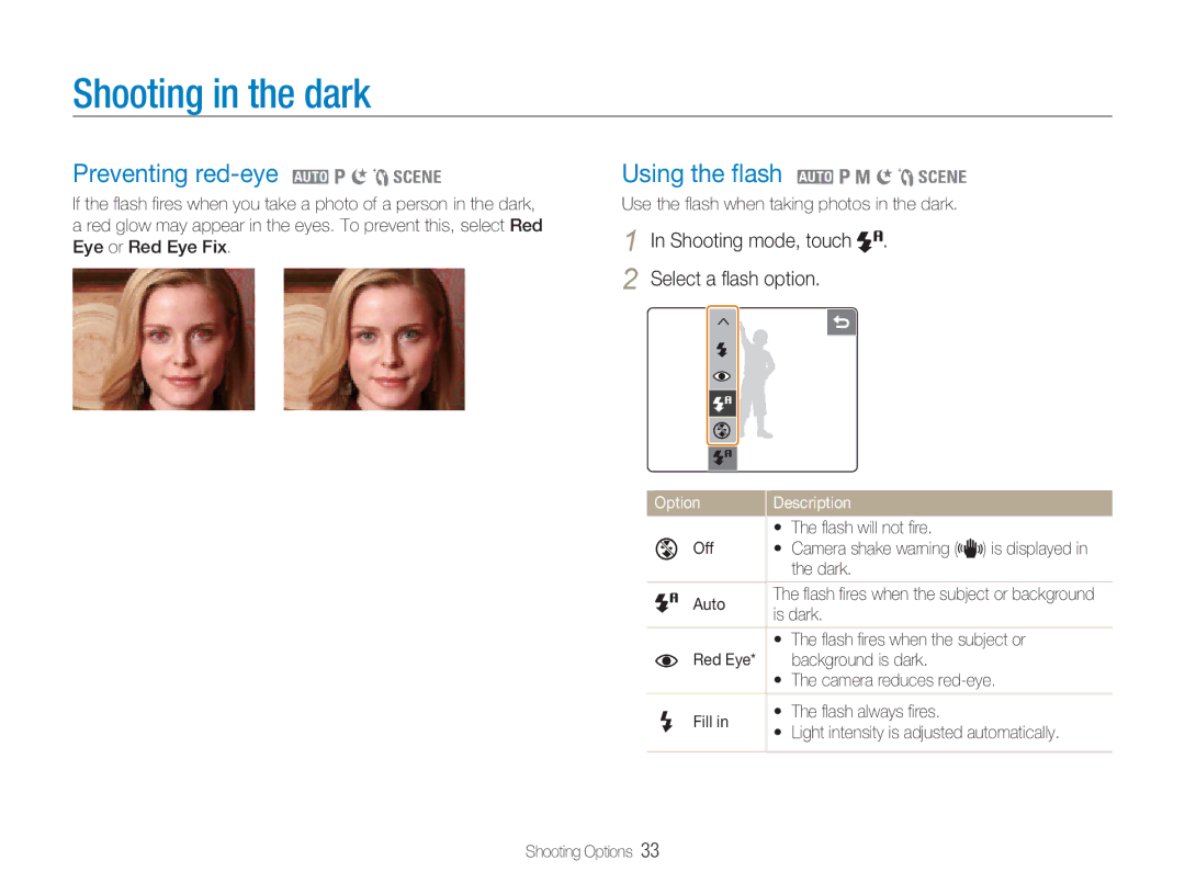 Samsung TL34HD user manual Shooting in the dark, Preventing red-eye 2 1 6 5, Using the ﬂash 2 1 8 6 5 