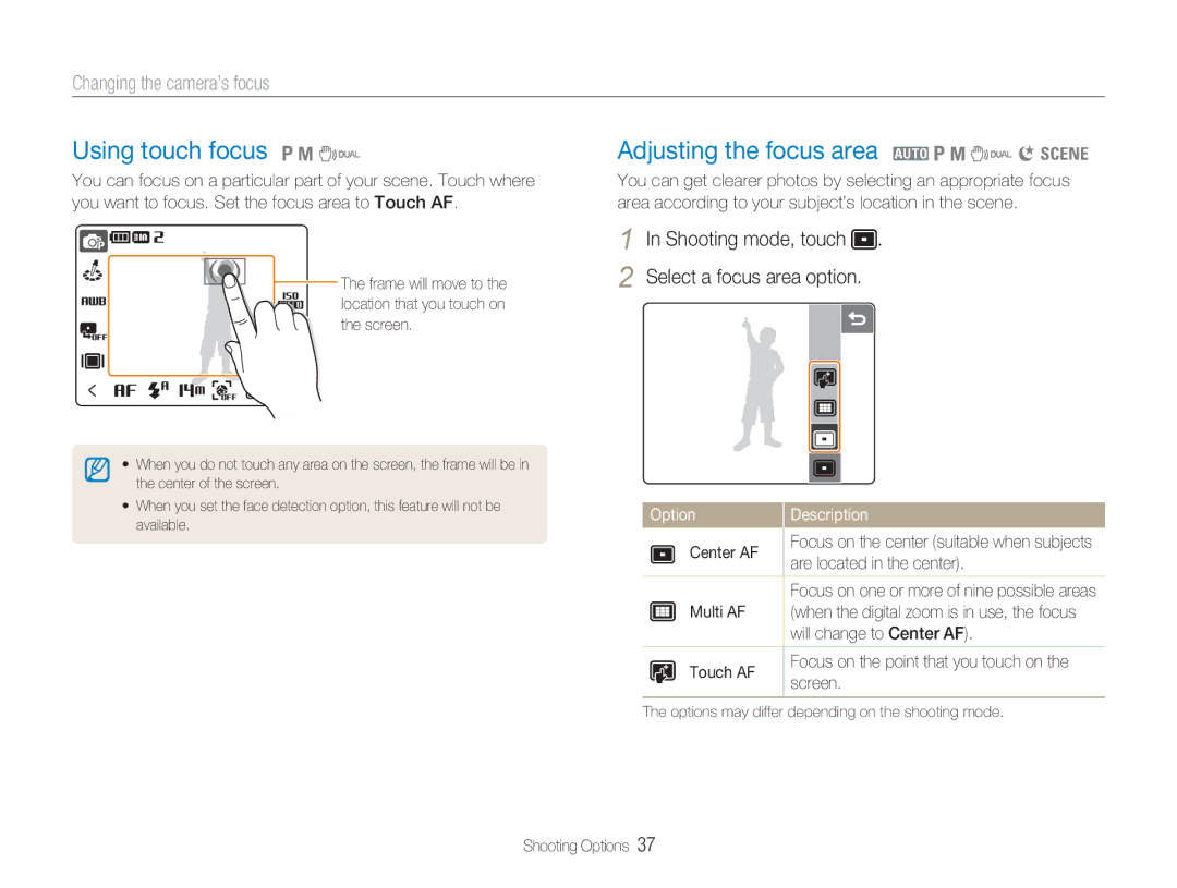 Samsung TL34HD user manual Using touch focus 1 8, Adjusting the focus area 2 1 8 7 6, Changing the camera’s focus 