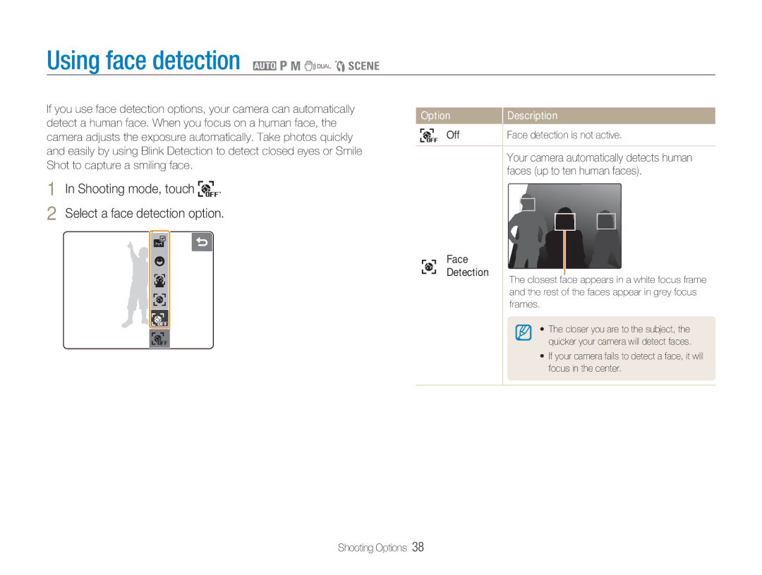 Samsung TL34HD Using face detection 2 1 8 7 5, Shooting mode, touch Select a face detection option, Face Detection 