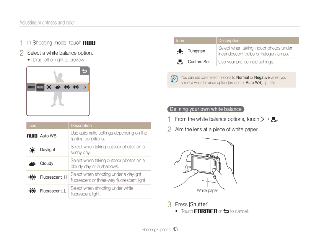 Samsung TL34HD user manual Shooting mode, touch Select a white balance option, From the white balance options, touch ¡ 