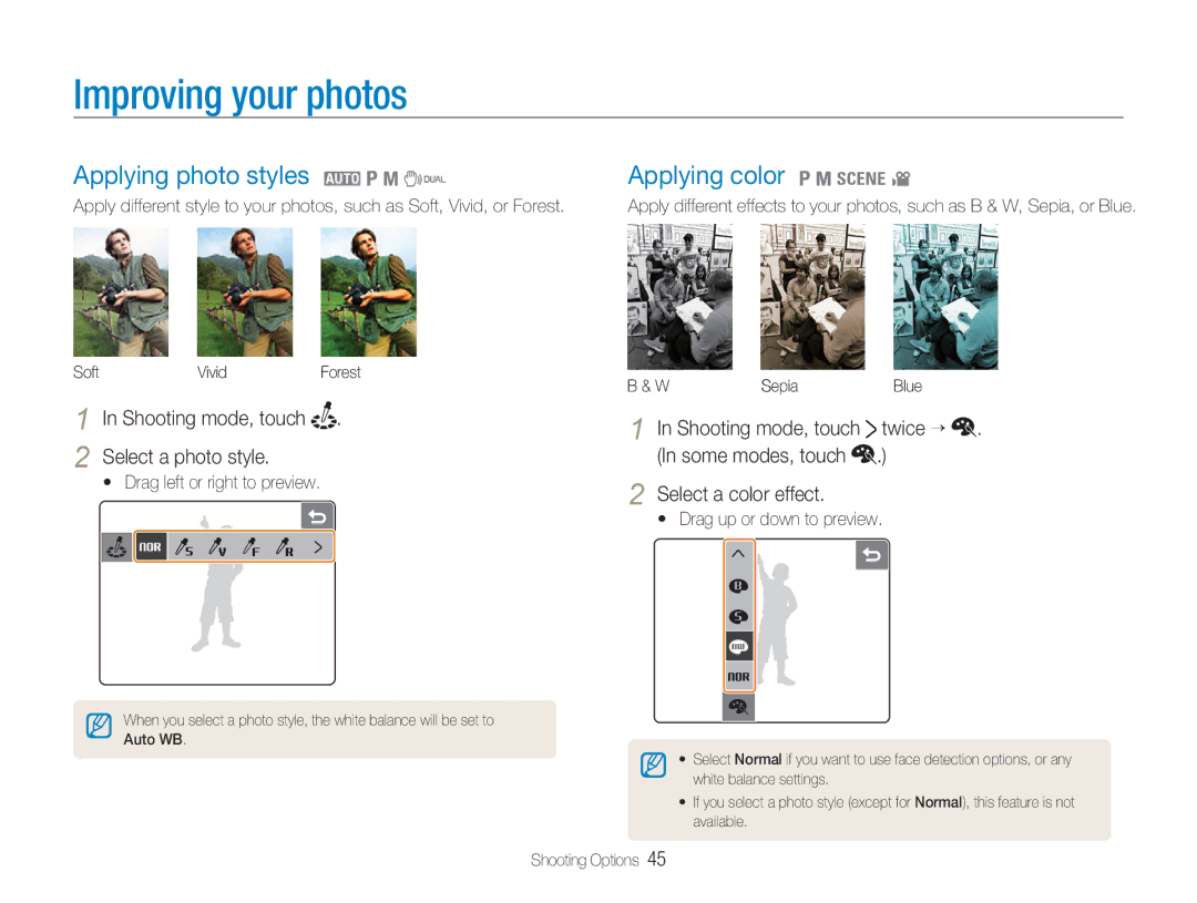 Samsung TL34HD user manual Improving your photos, Applying photo styles 2 1 8, Applying color 1 8 4 