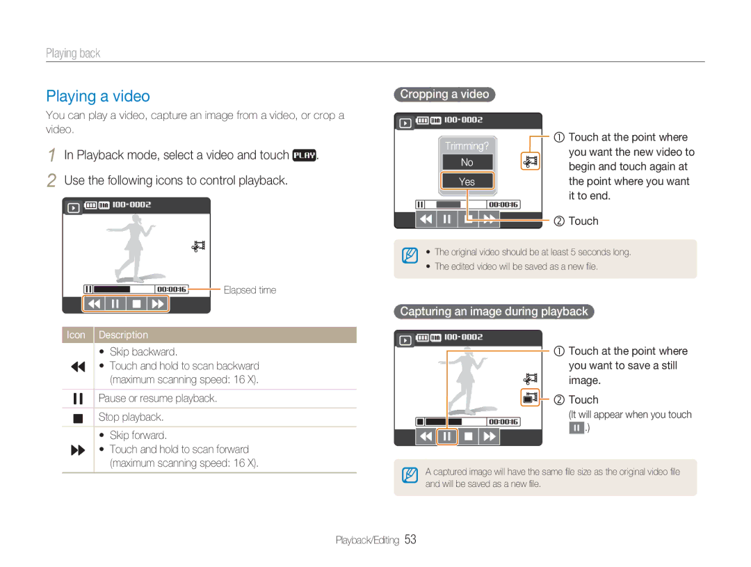 Samsung TL34HD user manual Playing a video, Cropping a video, Capturing an image during playback, Skip backward 