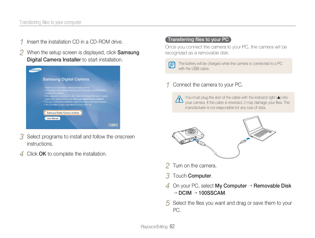 Samsung TL34HD user manual Transferring ﬁles to your computer, Insert the installation CD in a CD-ROM drive 